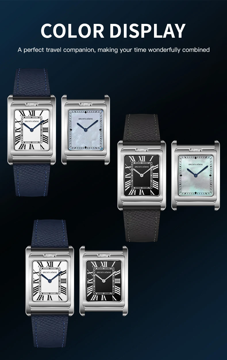 new luxury specht & söhne men's watch shell dial double face quartz watch 316l stainless steel wristwatch for men 50m waterproof Rectangular watches color display