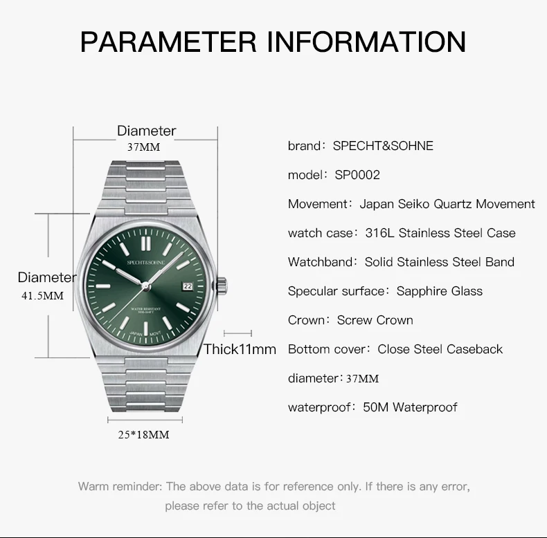 2025 new high quality specht&sohne 37mm men's watches quartz movt pvd gold sapphire stainless steel classic watch 50m waterproof Watch specifications and measurements displayed