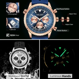 Watch features: chronograph, calendar, luminous