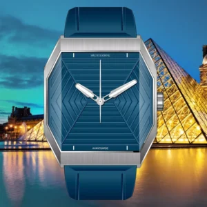 Blue avant-garde wristwatch with background