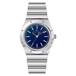 Silver watch with blue face