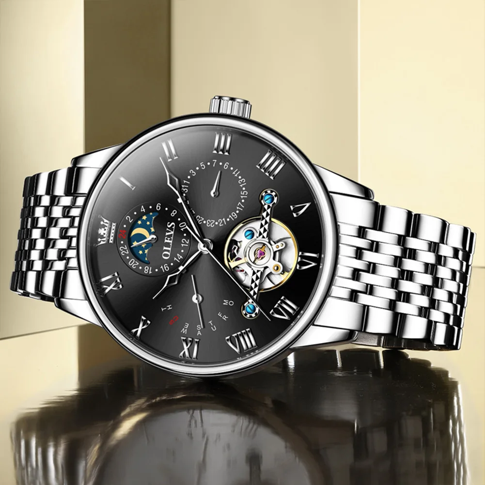 olevs tourbillon moon phases watch men luxury sports waterproof automatic mechanical wristwatch calendar week men's watches Luxury automatic men's watch