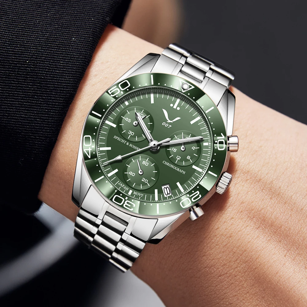 new 007 specht&sohne sports watches for men top brand luxury steel wrist watch fashion japan vk68 chronograph relogio masculino Green chronograph watch on wrist