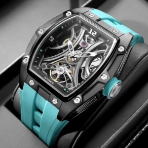 Automatic skeleton watch, teal strap