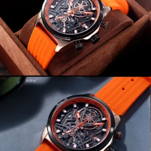 Orange skeleton dial watch