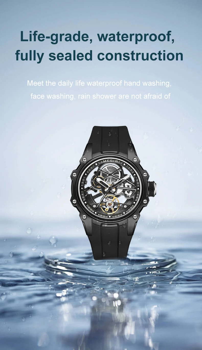 megir skeleton dial automatic mechanical watch men stainless steel case waterproof luminous sport wristwatch with silicone strap Waterproof skeleton watch in water