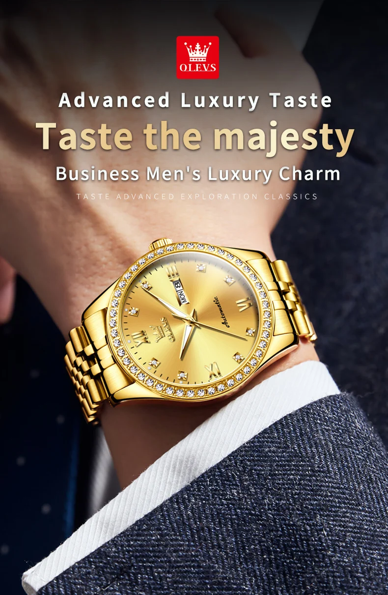 olevs new diamond business men watch top brand luxury watch waterproof date stainless steel automatic mechanical wristwatch Golden men's luxury watch