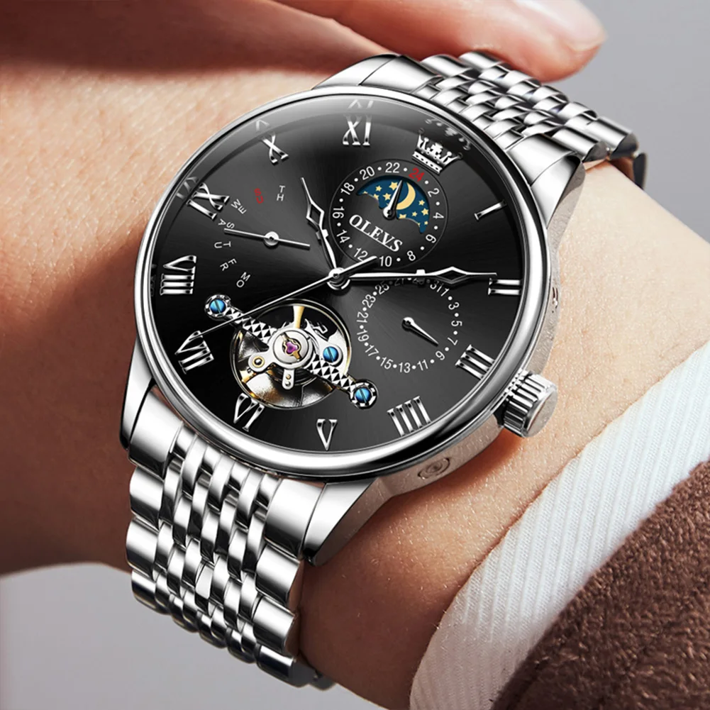 olevs tourbillon moon phases watch men luxury sports waterproof automatic mechanical wristwatch calendar week men's watches Men's automatic skeleton watch