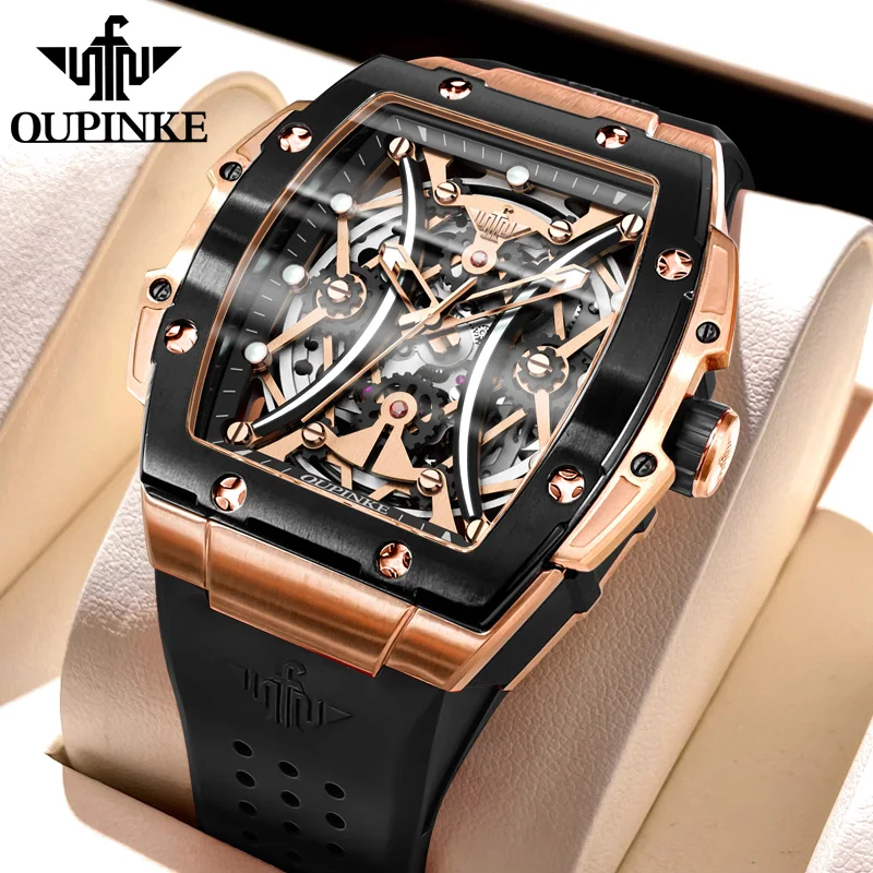 oupinke men's watches classic luxury tonneau dial top brand original automatic mechanical wristwatch silicone strap sapphire new Skeleton mechanical wristwatch