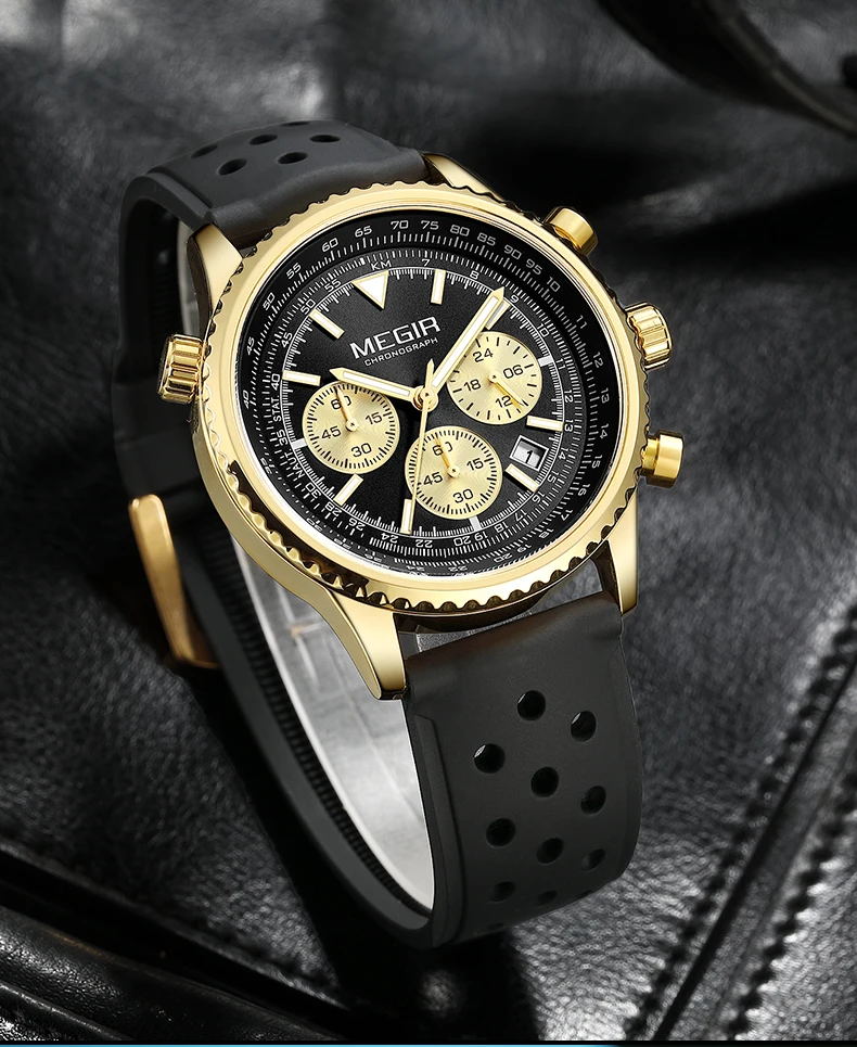 megir silver black quartz watch men military sport chronograph wristwatch with silicone strap luminous hands auto date 2236 Gold black chronograph watch