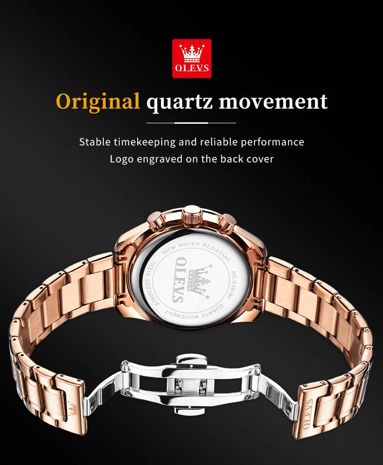 olevs brand new luxury rose gold quartz watch men stainless steel waterproof luminous date moon phase chronograph watches mens Rose gold quartz watch