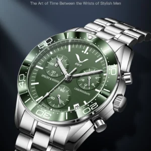 Green chronograph watch with silver band
