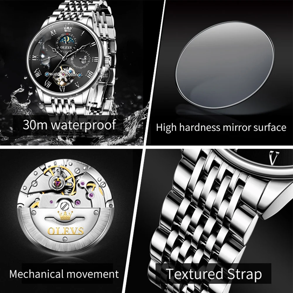 olevs tourbillon moon phases watch men luxury sports waterproof automatic mechanical wristwatch calendar week men's watches Luxury men's watch features