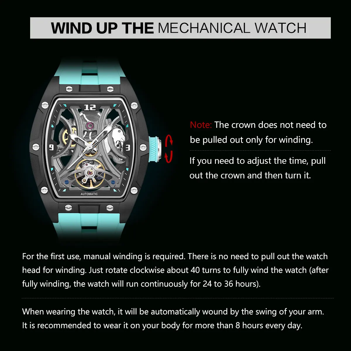 megir sports style automatic mechanical watch for men full hollow transparent dial design stainless steel case silicone strap Mechanical watch winding instructions