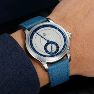 Wristwatch with blue leather strap