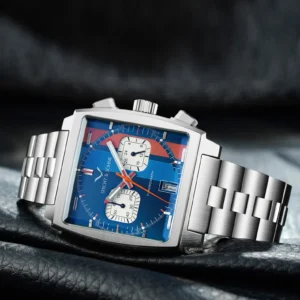 Square chronograph watch, blue dial