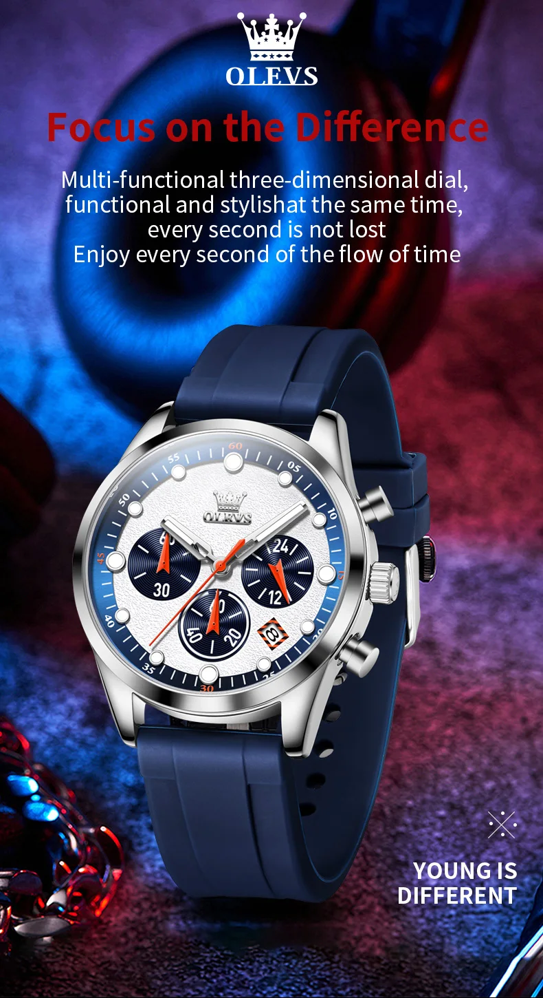 olevs brand sports quartz watch for men fashion silicone strap waterproof luminous chronograph watches mens relogio masculino Stylish blue sports watch.