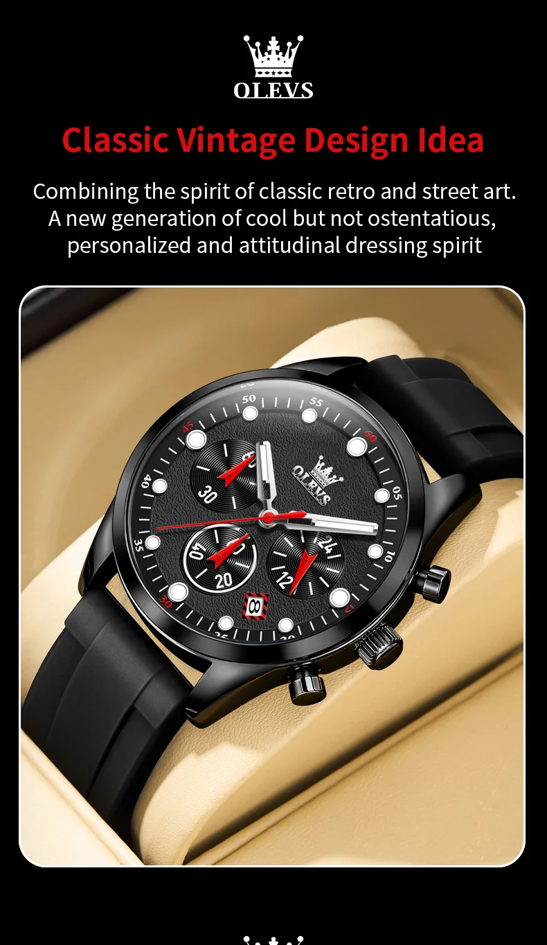 olevs brand sports quartz watch for men fashion silicone strap waterproof luminous chronograph watches mens relogio masculino Black men's watch face