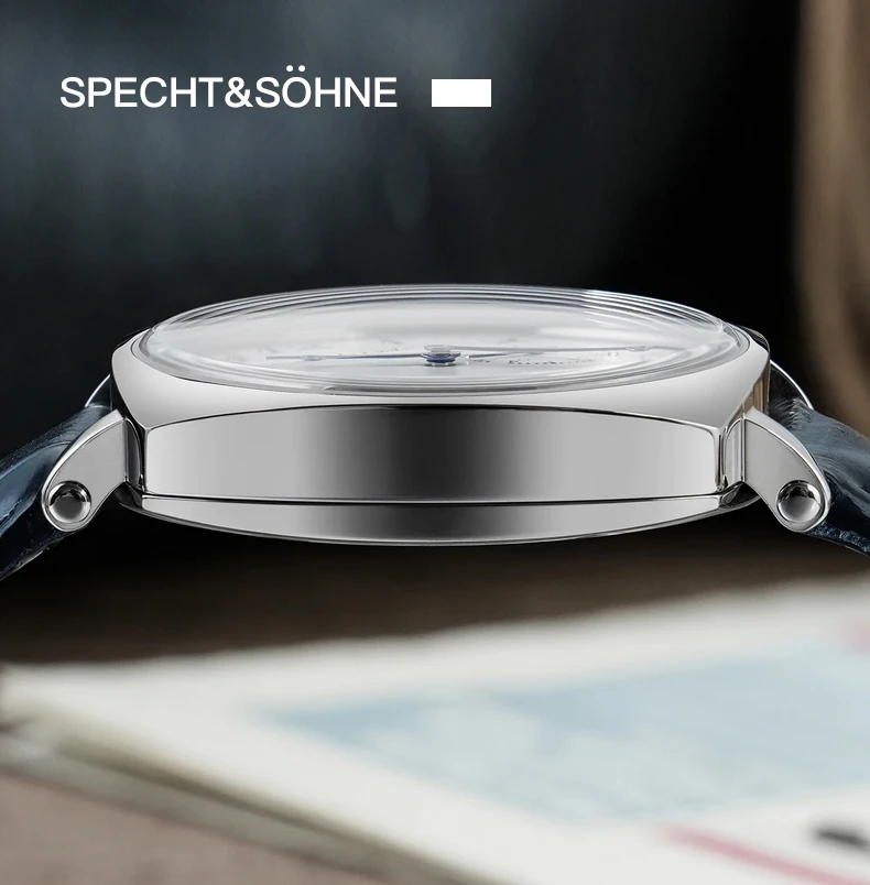 new luxury specht & söhne 1921 classic vintage men's automatic mechanical watch sapphire crystal genuine leather waterproof Silver watch side profile
