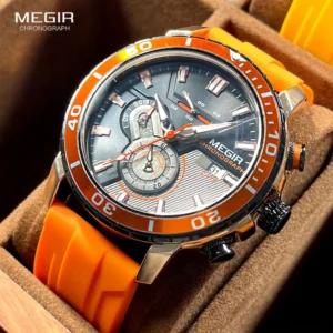 Orange chronograph watch with silicone strap