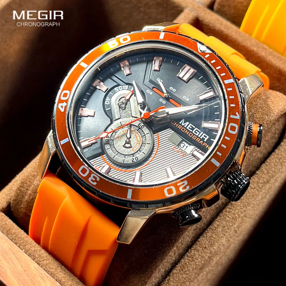 megir orange sport watch for men fashion waterproof silicone strap chronograph quartz wristwatch with auto date luminous hands Orange chronograph watch with silicone strap