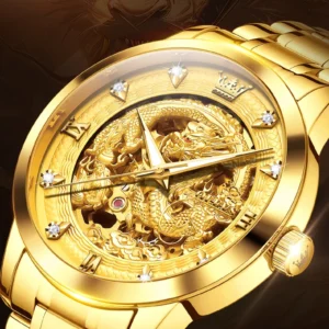 Gold watch with dragon design