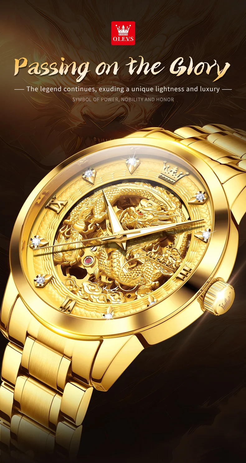 olevs gold steel dragon dial automatic watch men full steel waterproof miyota mechanical mens watches top brand luxury relogio Gold watch with dragon design