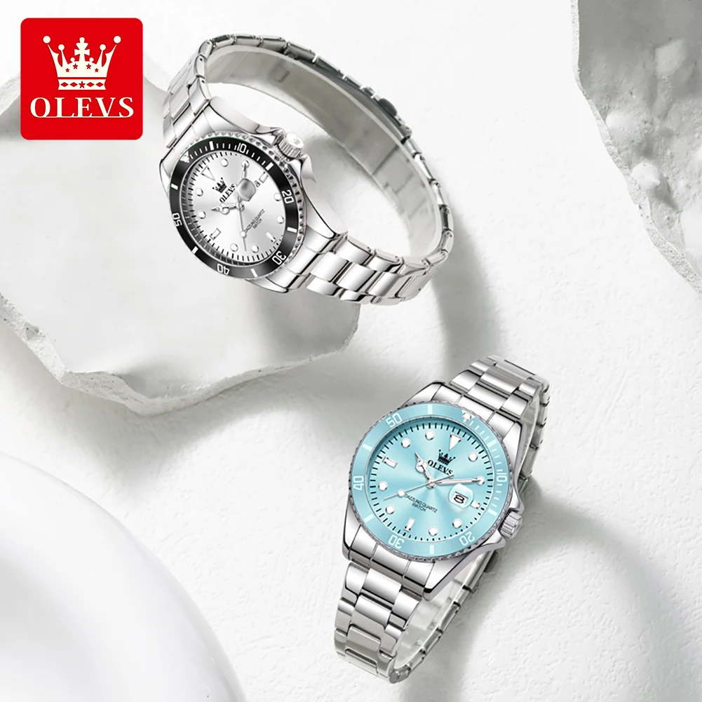 olevs luxury stainless steel waterproof quartz watch for women fashion calendar luminous womens wristwatch sport clock reloj Two stylish metal watches.