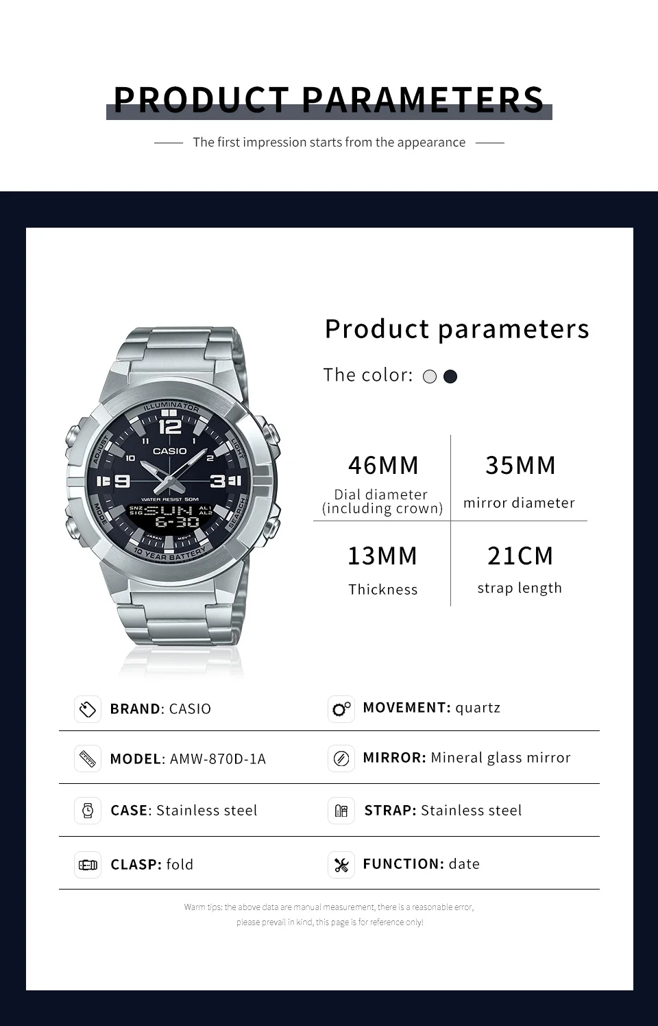 casio watch for men quartz watch relogio masculino fashions style amw 870d 1a Casio stainless steel watch details