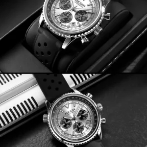Silver chronograph watch with black strap