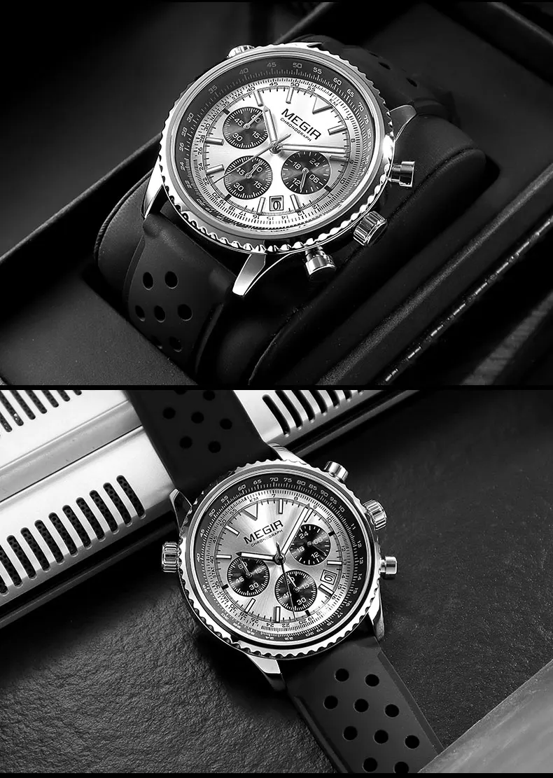 megir silver black quartz watch men military sport chronograph wristwatch with silicone strap luminous hands auto date 2236 Silver chronograph watch with black strap