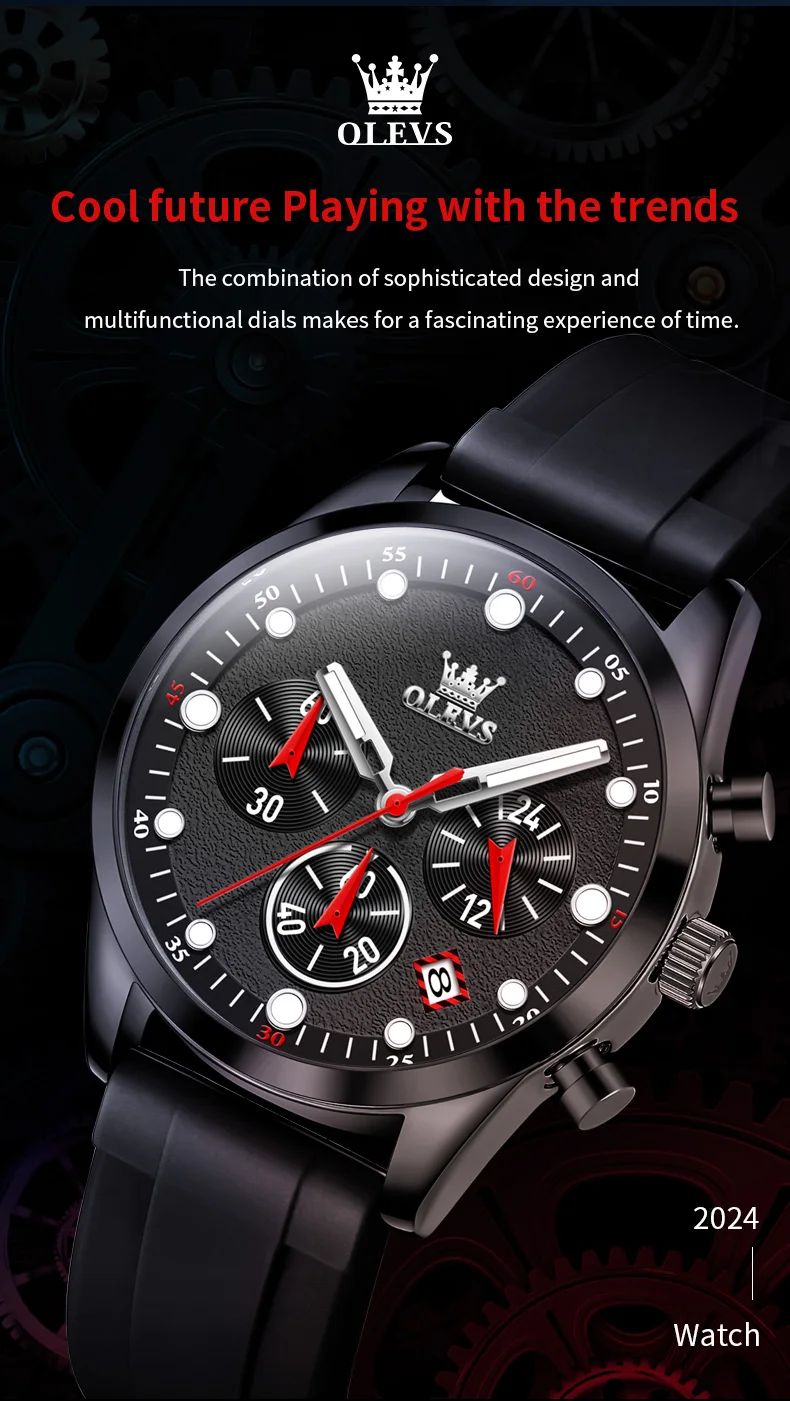 olevs brand sports quartz watch for men fashion silicone strap waterproof luminous chronograph watches mens relogio masculino Cool black multifunctional wristwatch