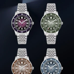 Four colored watches displayed.