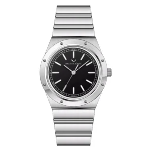 Silver watch with black dial