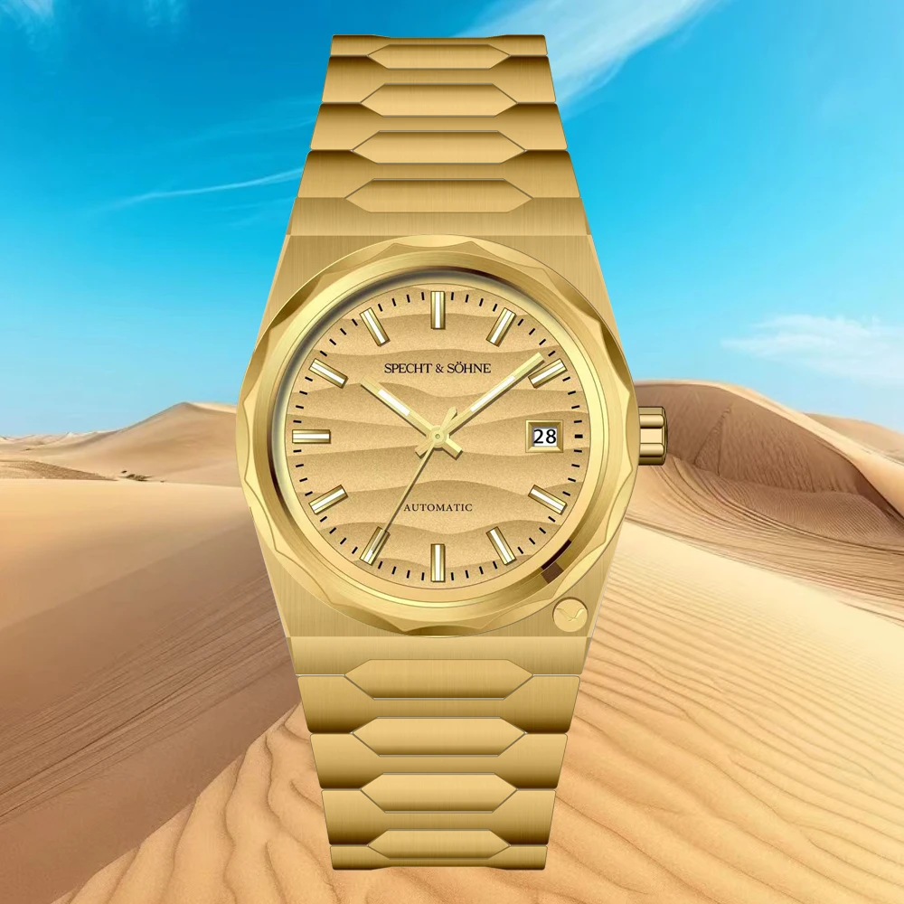 2025 new specht&sohne 222 gold watch luxury men's watches automatic mechanical wriswatch miyota 8215 movt sports wristwatch 37mm Golden watch in desert setting.