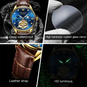 Luxury watch features, leather strap.