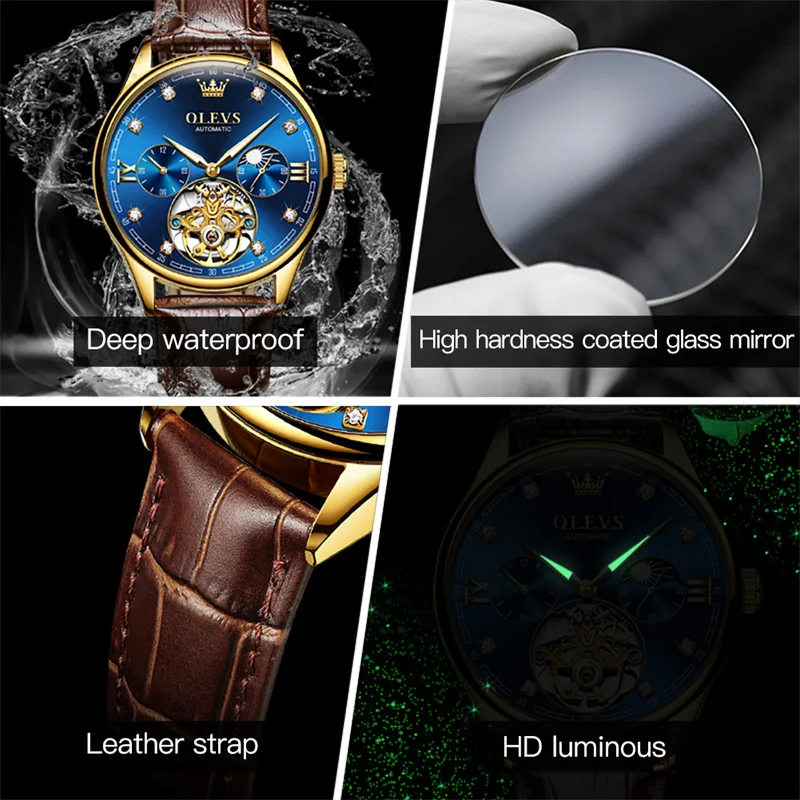olevs brand gold blue classic moon phase automatic men watches tourbillon mechanical watch men leather waterproof reloj Luxury watch features, leather strap.