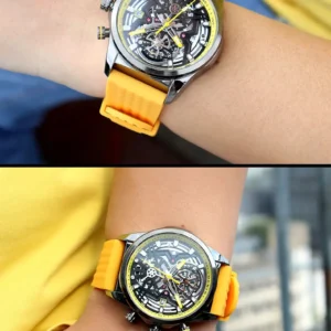 Skeleton dial watch with yellow band