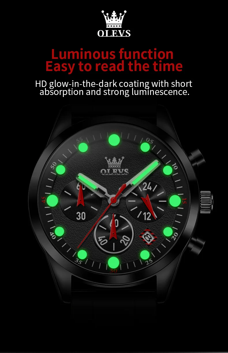 olevs brand sports quartz watch for men fashion silicone strap waterproof luminous chronograph watches mens relogio masculino Luminous watch face glow-in-dark