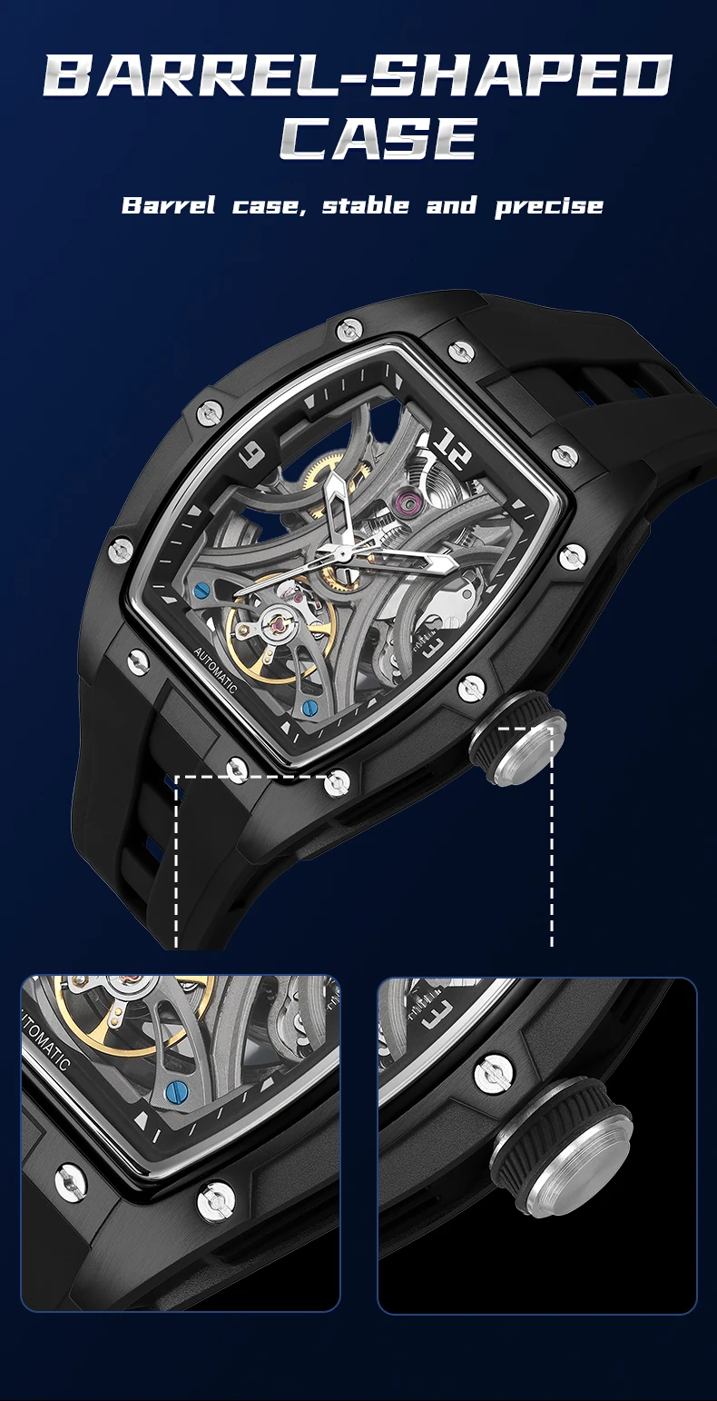 megir sports style automatic mechanical watch for men full hollow transparent dial design stainless steel case silicone strap Barrel-shaped watch case design