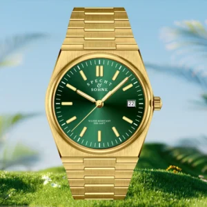 Gold watch with green dial