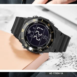 Digital watch with black strap