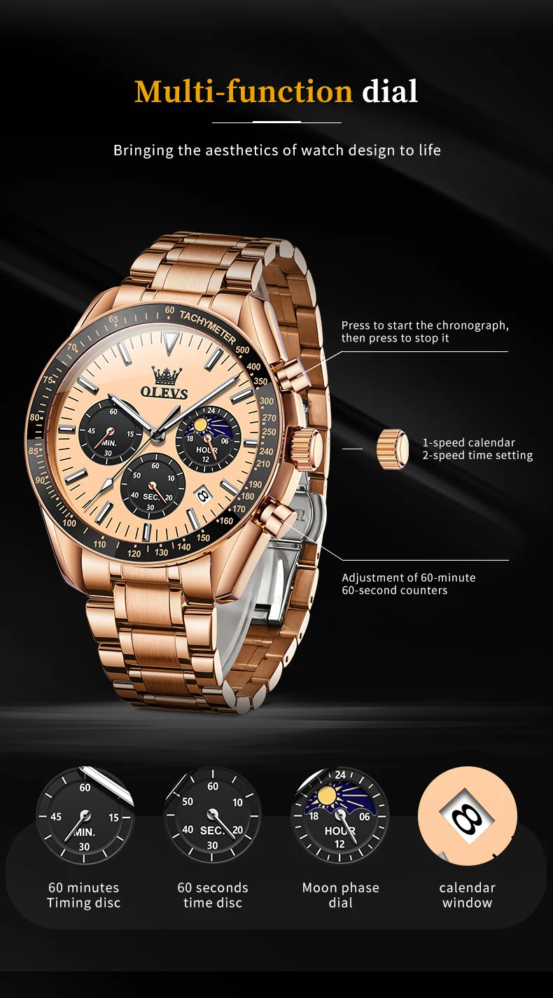 olevs brand new luxury rose gold quartz watch men stainless steel waterproof luminous date moon phase chronograph watches mens Rose gold multi-function watch