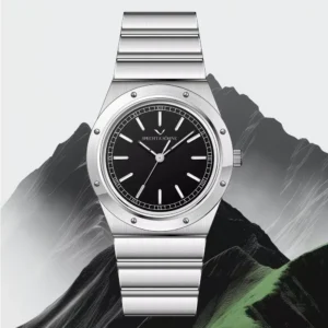 Silver watch with black face