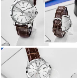 Silver watch with brown strap
