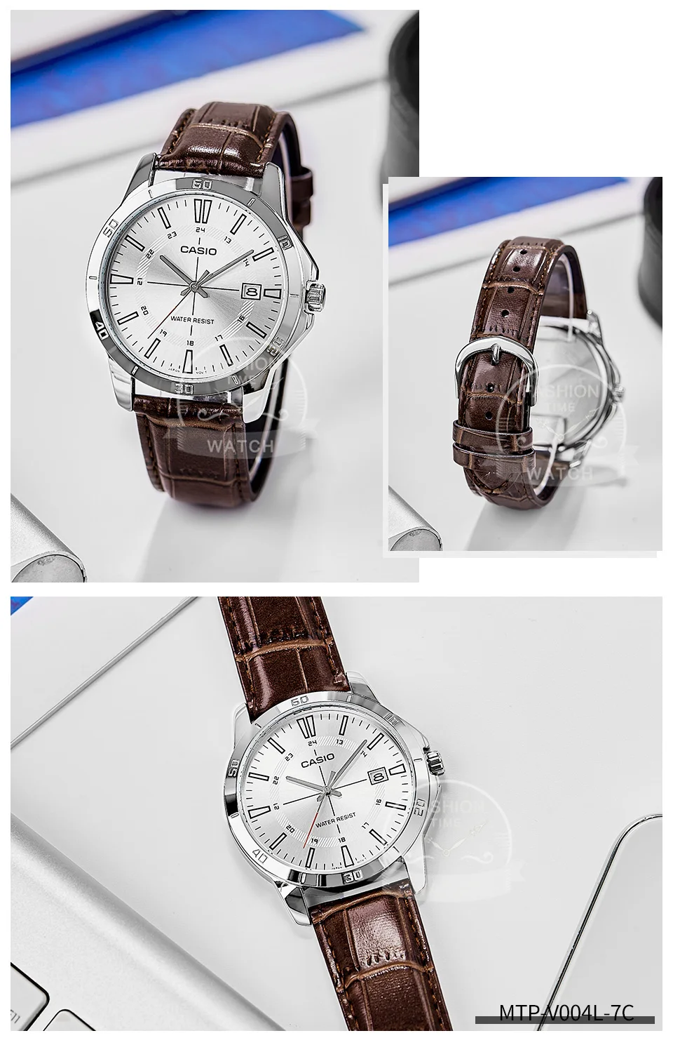 casio watch men's top luxury suit quartz watch military relogios masculino mtp v004l belt series Silver watch with brown strap