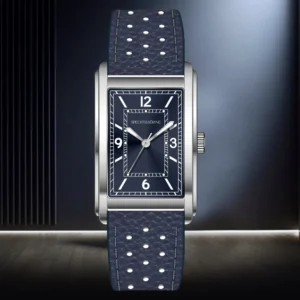 Rectangular watch with blue strap.