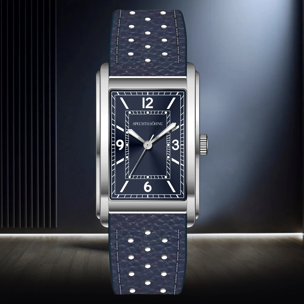 2025 new fashion specht & söhne square watch 28mm men's watches ultrathin vh31 movt casual watch 50m waterproof reloj hombre Rectangular watch with blue strap.