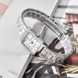 Silver rectangular metal watch.