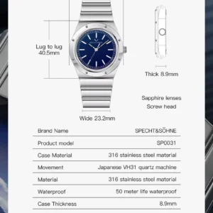 Watch dimensions and specifications table